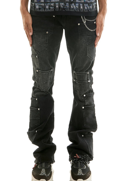 KDNK Stacked Cargo Denim – Black  Wash